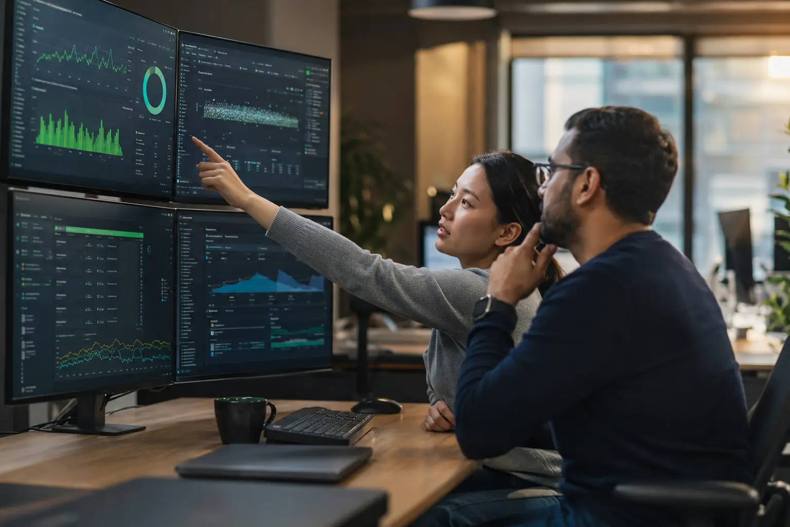 Two software professionals using monitoring dashboards to investigate a production issue