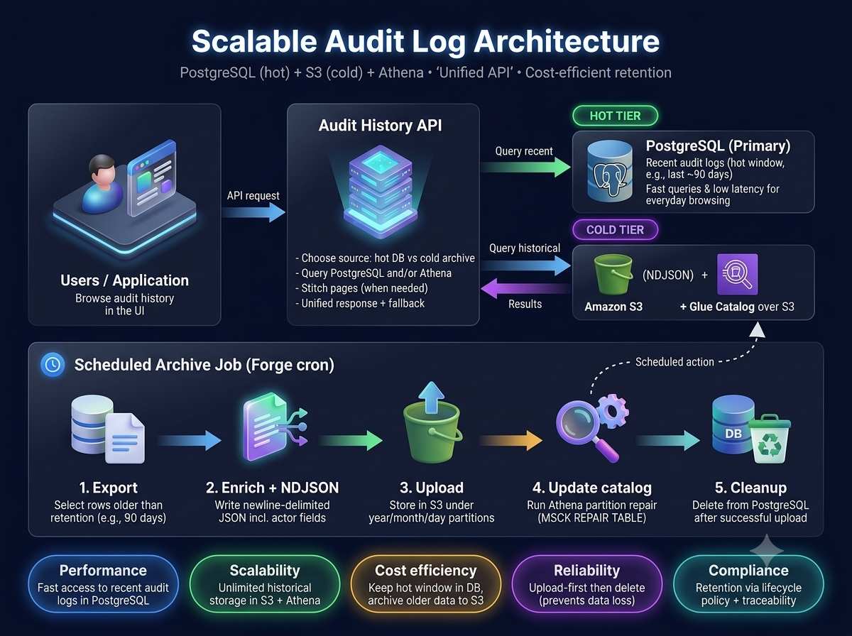Scalable audit log architecture showing an Audit History API routing recent queries to PostgreSQL and historical queries to Amazon S3 through Athena and the Glue Data Catalog.